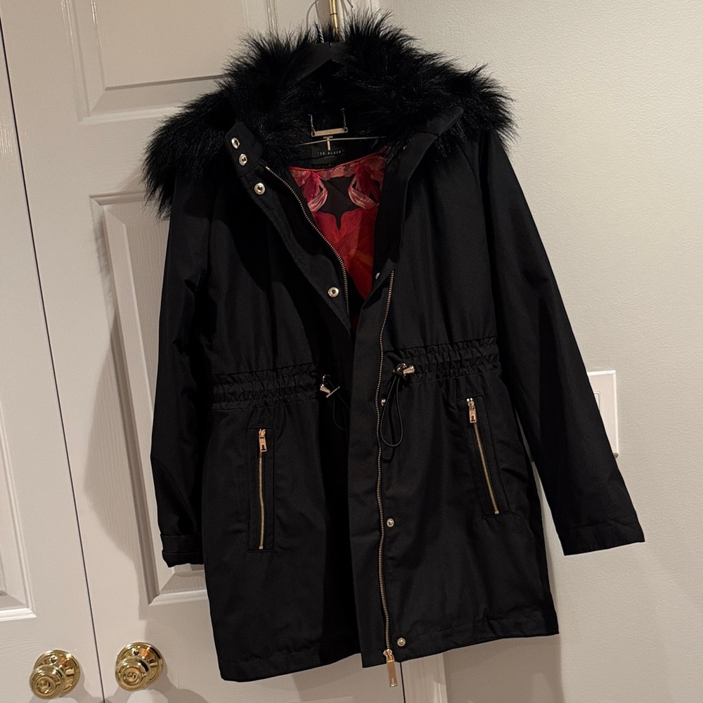 Ted Baker Black Utility Jacket with Faux Fur Trim. Size 1.